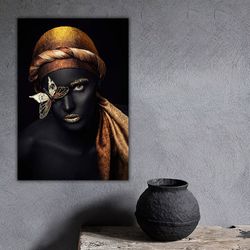 Butterfly In Eye African Woman Canvas Painting,Black Woman Glitter Textured Wall Decor,African Lady Portrait Painting
