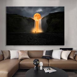 Full Moon Surreal Art Canvas Painting , Full Moon Waterfall Canvas Print , Moon And Human Abstract Wall Decor