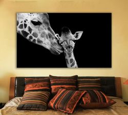 giraffe baby canvas, mother and baby giraffe painting, black and white giraffe wall art, baby giraffe canvas print