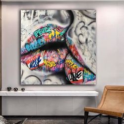 Lips Graffiti Canvas Painting, Sexy Lips Canvas Painting, Colorful Lip Painting, Lip Pop Art Canvas