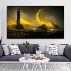 Full Moon Landscape Canvas Print , Lighthouse Tower On The Sea Canvas Painting , Dark Evening Canvas Print , Halloween ,