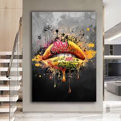 Lips Graffiti Canvas Painting, Sexy Lips Canvas Wall Art, Colorful Lip Print, Lips Pop Art Canvas Decor, Lip Poster