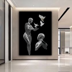 Love Couples Canvas Painting With Silver Glitter Texture, 3 D Look Wall Decor, Doves Canvas Painting