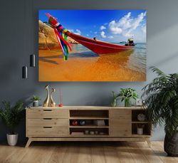 red boat canvas, sea landscape canvas painting, landscape canvas print, seaside canvas print-1