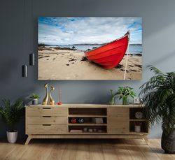 red boat canvas, sea landscape canvas painting, landscape canvas print, seaside canvas print