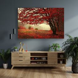 red tree canvas, forest landscape painting, autumn canvas print, nature canvas, landscape art