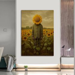 Sunflower Man Canvas Painting, Surreal Sunflower Print, Sunflower Field Art, Railing Wall Art, Railing