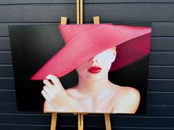 Woman Silhouette Canvas Painting, Woman With Hat Abstract Canvas Print, Modern Woman Poster, Red Hat Woman Painting