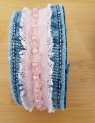handmade denim cuff bracelet, adjustable boho style jewelry, pink flower beads