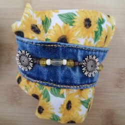 denim beaded bracelet, embellished bracelet, sunflowers buttons & beads