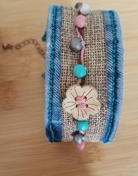 denim boho style beaded bracelet, handmade fashion bracelet, pastel wooden beads