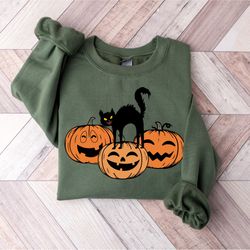 Black Cat On Pumpkin Sweatshirt, Halloween Black Cat Design, Fall Shirt, Halloween Party Tee, Cute Pumpkin Shirt, Womens