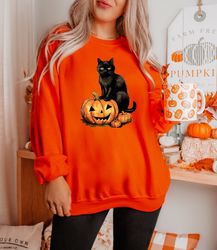 Black Cat on Pumpkin Sweatshirt, Sweater for fall, Black Cat Sweater, Halloween Black Cat Design, Halloween Gifts for Ca