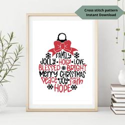 Red christmas ball cross stitch pattern, Merry Christmas embroidery design, Instant download, Digital PDF
