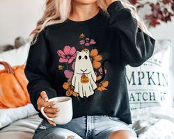 Floral Ghost SweaT-Shirt Png, Cute woman Halloween sweater, ghost SweaT-Shirt Png, Halloween ghost sweater, Gifts for Ha