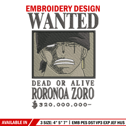 Bounty zoro embroidery design, One piece embroidery, Anime design, Embroidery shirt, Embroidery file,Digital download.zi