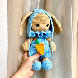 bunny crocheted knitted rabbit amigurumi animal toy handmade gift for baby girl dress and bow doll easter for toddler