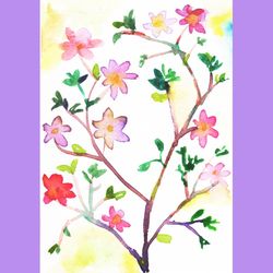 Watercolor branch with flowers leaves sketch painting art print l Watercolor floral sketch painting printable wall art
