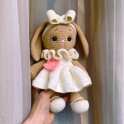 crochet bunny knitted rabbit amigurumi animal toy handmade gift for baby girl dress and bow doll easter for toddler
