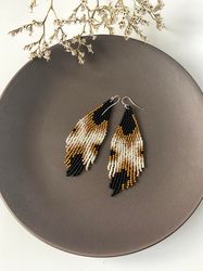 Black gold dangle beaded earrings  Modern fringe earrings Statement boho chic style earrings Bohemian ethnic hippie