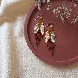 Coffee beige dangle fringe beaded earrings. Boho/abstract/cappuccino tones/geometric/modern earrings. 4 inch earrings. G