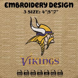 Minnesota Vikings, Machine Embroidery Pattern, NFL Vikings Embroidery Designs, NFL Logo Embroidery Files