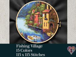 Fishing Village Cross Stitch Pattern, Cross stitch PDF Download, Landscape Cross Stitch
