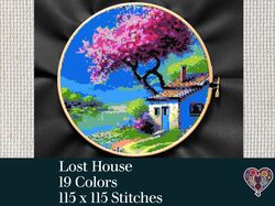 Lost House Cross Stitch Pattern, Cross stitch PDF Download, Village House Cross Stitch, Landscape Cross Stitch