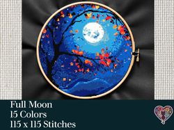 Full Moon Cross Stitch Pattern, Cross stitch PDF, Art Decor, Landscape Cross Stitch