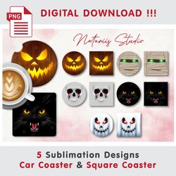5 Funny Halloween Templates - Sublimation Waterslade Pattern - Car Coaster Design - Digital Download
