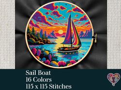 Sail Boat Cross Stitch, Cross Stitch PDF , Sail Cross Stitch , Sunset Cross Stitch