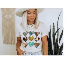 Western Cow Hide Heart Shirt, Womens Country Shirts, Graphic Tees, Boho Shirts, Cute Fall Shirts for Women, Cowgirl Tshi