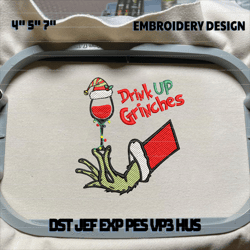 Drink Up Grin Embroidery, Christmas Embroidery Designs, Wine Embroidery ,Christmas Embroidery, Grinchy, Santa Claus Embroidery