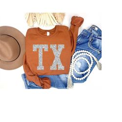 Texas Sweatshirt, Texas TX Sweater, Silver Glitter TX Shirt, Womens Texas Sweatshirts, Texas Shirt, Womens TX Sweatshirt
