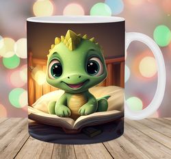baby dinosaur reading book mug