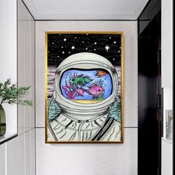Surreal Astronaut Canvas Wall Art, Astronaut Fishes Canvas Print, Stars Canvas Decor, Astronaut In Space Print Wall Deco