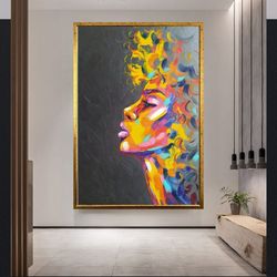Abstract Colorful Woman Canvas Wall Art, Modern Floral Print, Woman With Flowers Modern Black Woman, Ready To Hang Canva