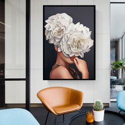 Flower Head Woman Wall Art Decoration, Flowers Canvas Wall Prints, Floral Wall Art, Modern Decor For Living Room, Asian