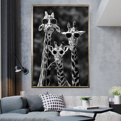 funny giraffes canvas print, black and white giraffe canvas print , animal art print, modern wall hanging ready made can