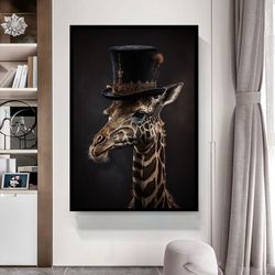 hat giraffe canvas print, giraffe canvas print , animal art print, animal wall art, modern wall hanging ready made canva