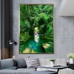 Mountain River In Green Forest Art Print For Wall On Canvas, Waterfall Art For Wall, Forest Painting Artwork, Green Tree