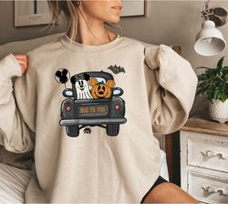 Boo To You Mickey Pumpkin Truck Sweatshirt, Mickey Minnie Ghost Halloween Sweatshirt, Disney Spooky Season Sweatshirt, M