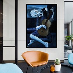 Picasso Artwork, Picasso Old Guitarist Canvas Print, Famous Art, Old Guitarist Glass Panel, Music Room Wall Art, Framed