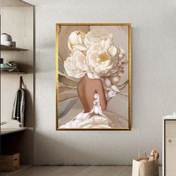 White Flower Head Woman Canvas Print, Flower Head Woman Portrait, Rose Body Woman Home Decoration, Woman With Flower Pos