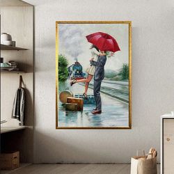 Red Umbrella Couple Canvas Print, Eiffel Tower Canvas Print Art, Paris Canvas Wall Art, Landscape Canvas Wall Decor, Liv