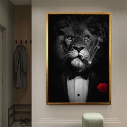 Wall Art With Lion Man In Suit, Lion Smoking Cigar Canvas Print, Wall Art Home Decoration, Ready To Hang Decoration, Mod