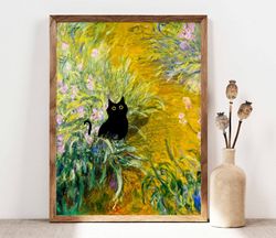 Black Cat Print, Funny Cat Poster, Cat Art, Claude Monet Irises Cat Wall Art, Flowers Funny Cat print, Funny gift, Cat a