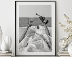 Woman Drinking Wine in Bed Poster Print, Feminist Poster, Black and White, Alcohol Wall Art, Bar Cart Print,Girl Room De