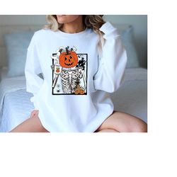 Skeleton Pumpkin Sweatshirt, Halloween Coffee sweatshirt, Womens Fall Fashion sweatshirt, HALLOWEEN Coffee sweatshirt