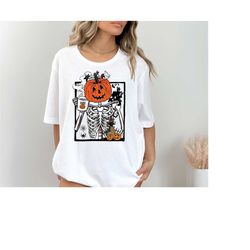 Skeleton Pumpkin Shirt, Halloween Coffee T-Shirt, Womens Fall Fashion shirt, HALLOWEEN Coffee t-shirt
